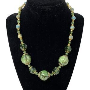 Handmade Artisan Beaded Necklace Green Grass + Faceted Beads Gold Tone Metal